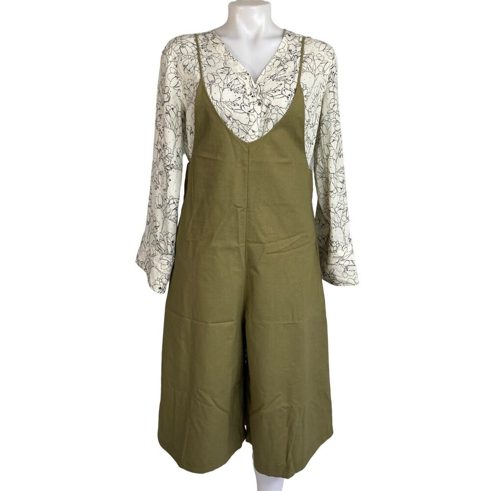 Mod Ref Sage Green Linen Jumpsuit Crop Wide Leg Overalls Womens Relaxed Fit - Picture 1 of 11